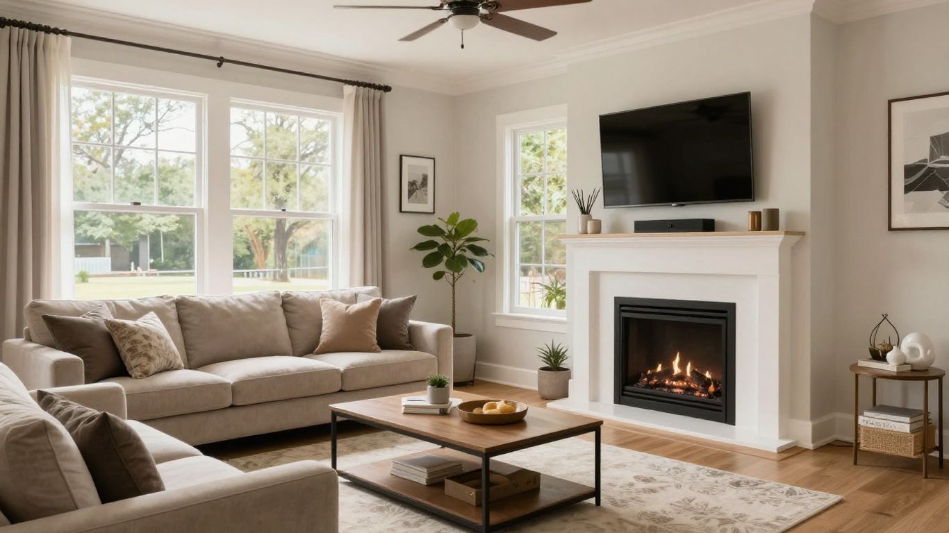 Remodeled living room with fireplace and natural light.