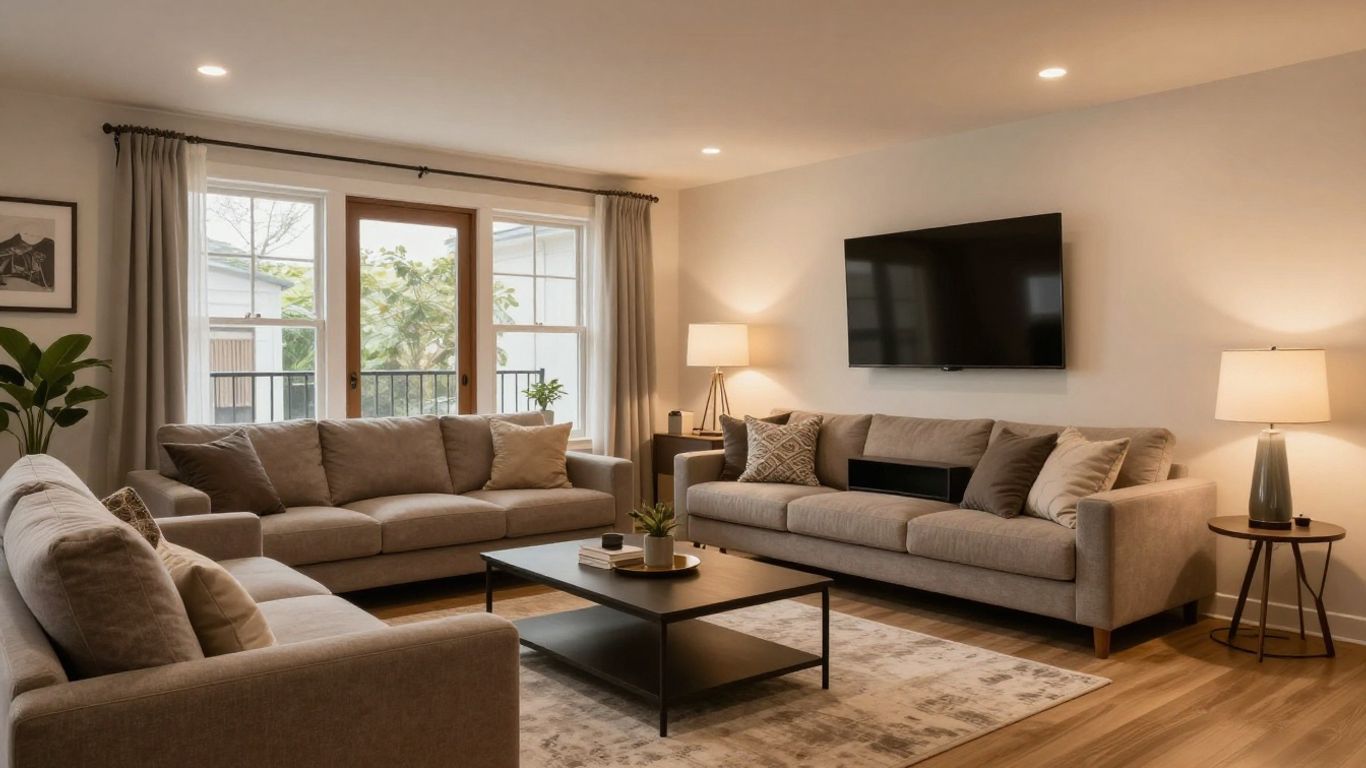 Modern Dacula basement remodel with comfortable seating and lighting.