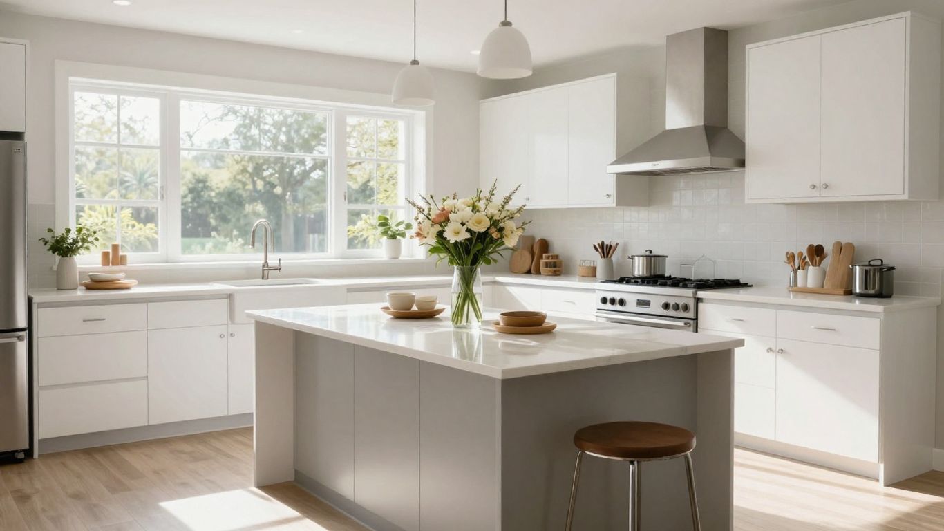 Modern renovated kitchen with white cabinets and island.
