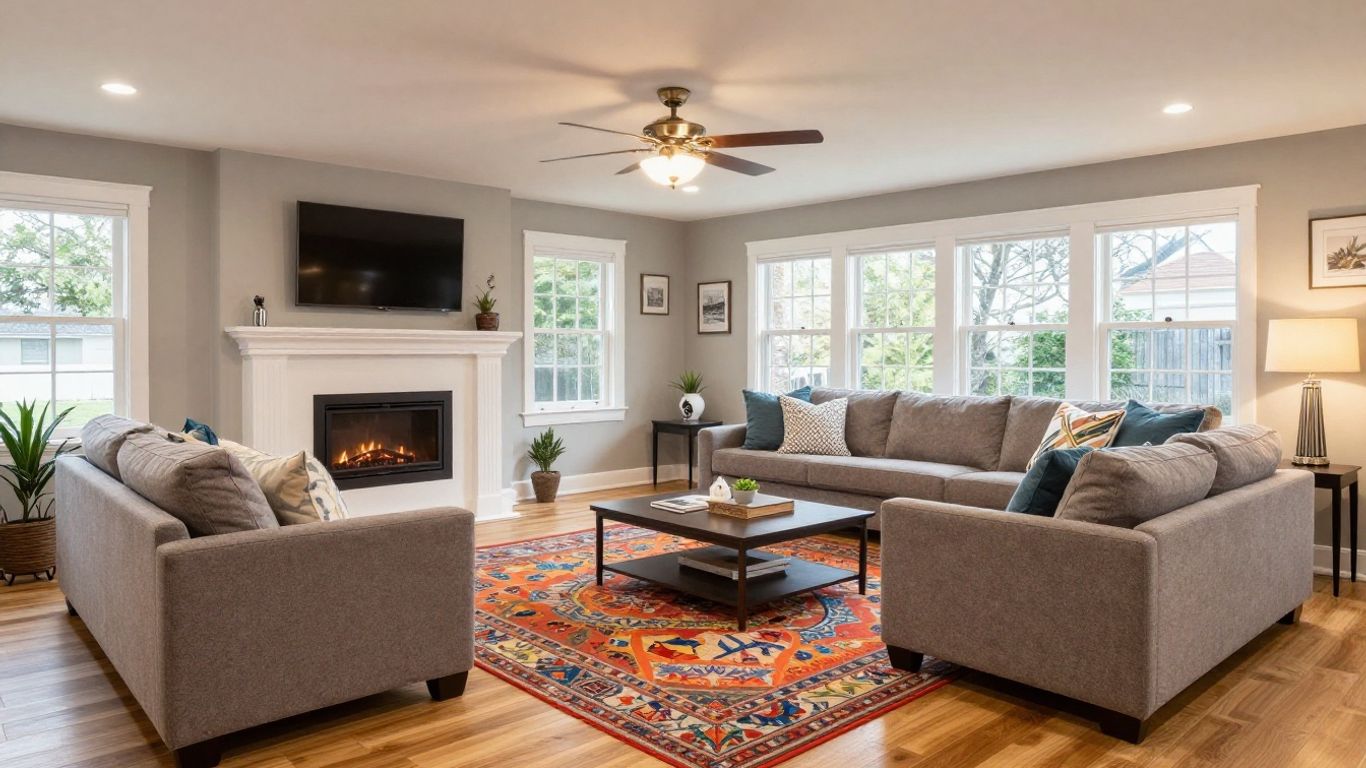 Modern finished basement with stylish furniture and lighting