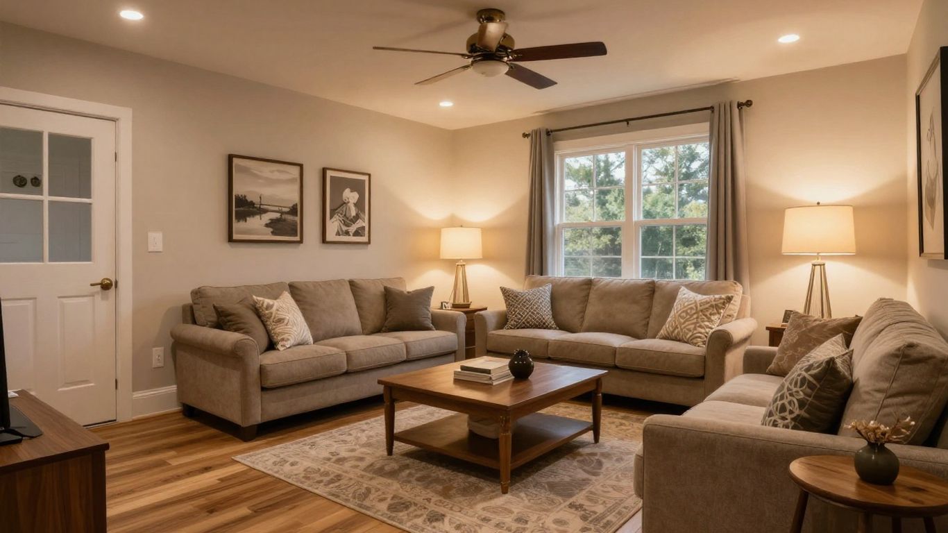 Finished basement living area in Dacula, Georgia.