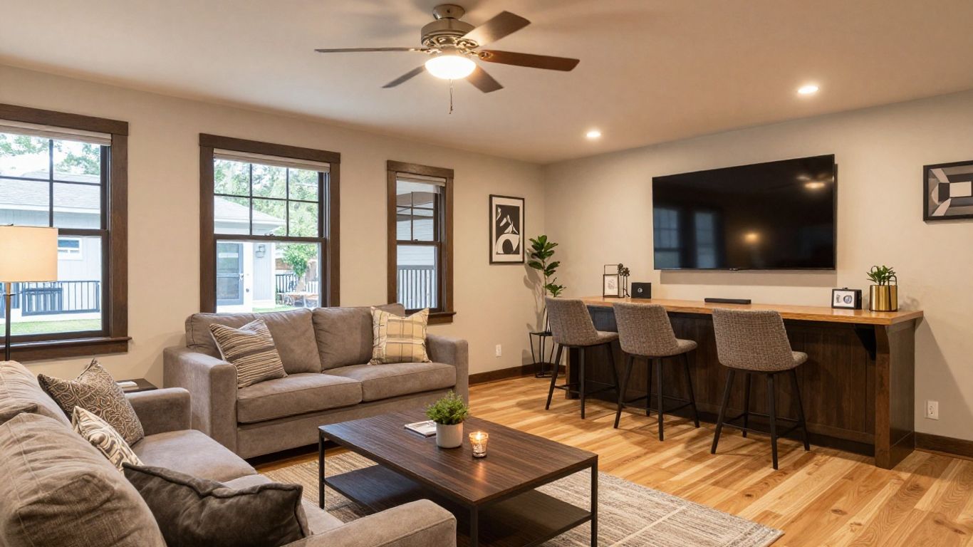 Finished basement living area with bar and entertainment.