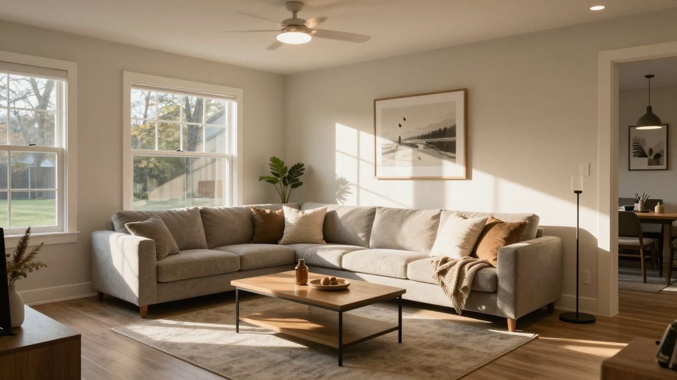 Modern Dacula basement remodel with cozy seating and warm lighting.