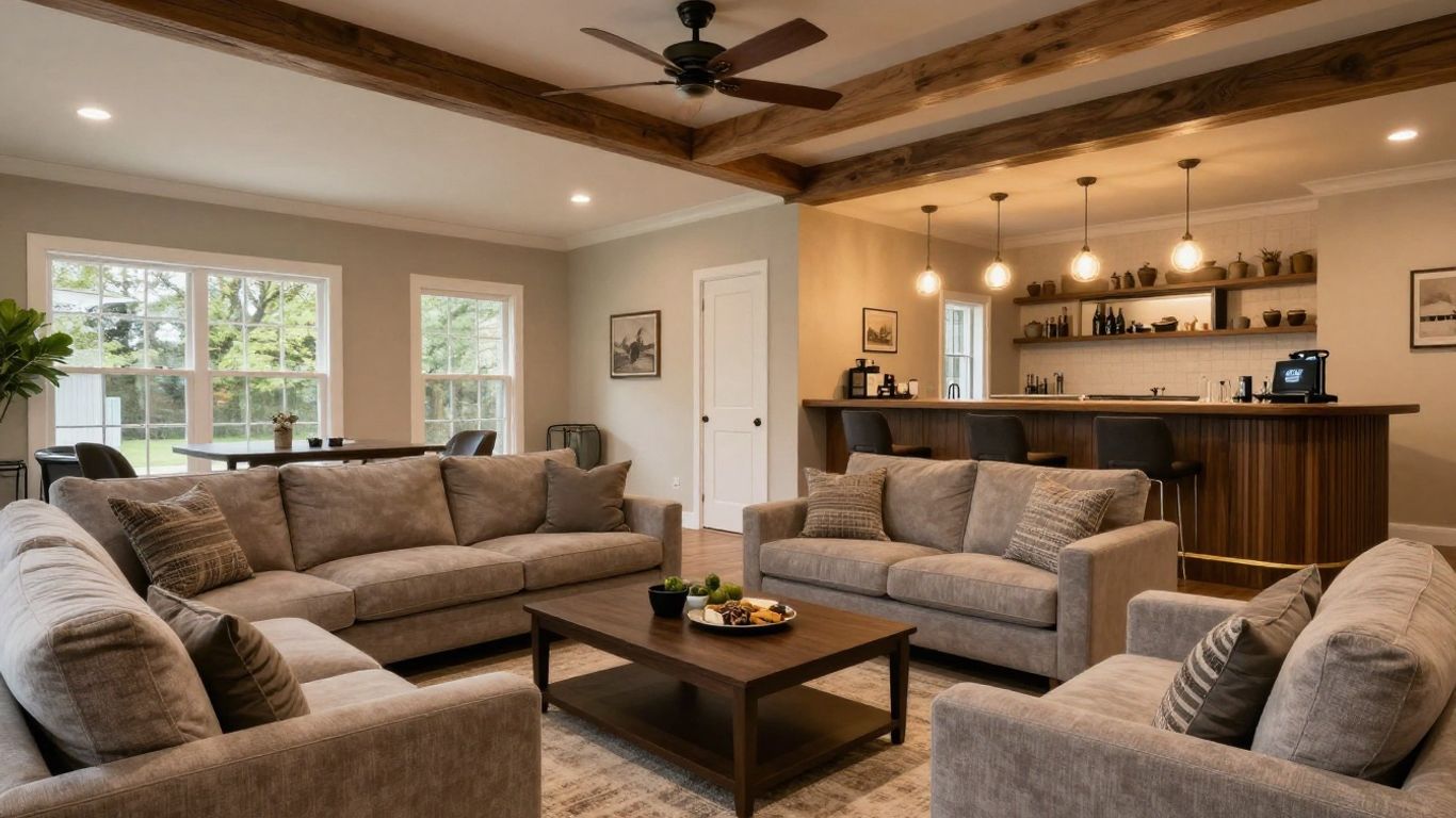 Finished basement living area with bar and entertainment.