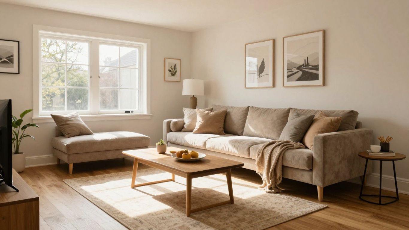 Newly renovated basement living area with modern furniture.