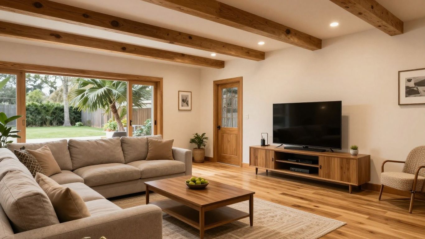 Finished basement living room with modern decor.