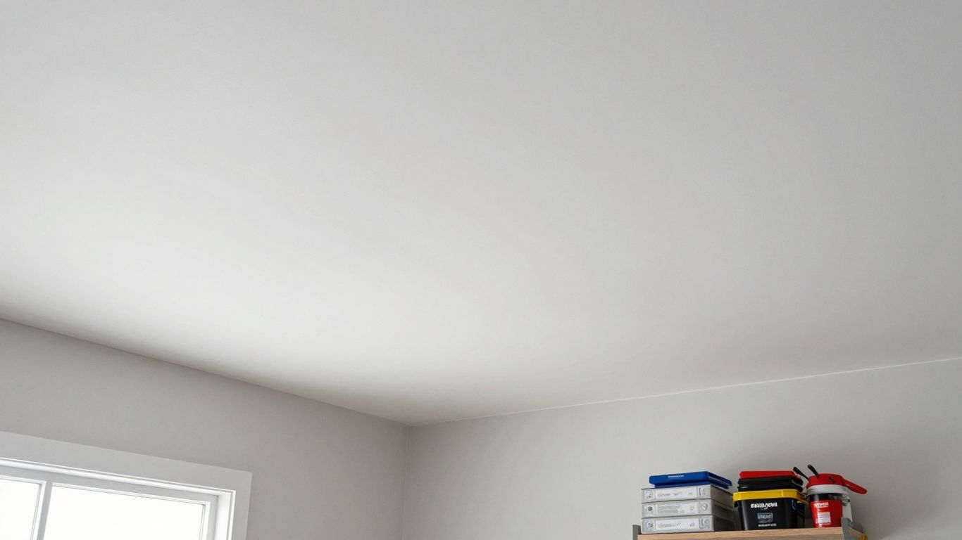 Newly installed white drywall ceiling in a basement.