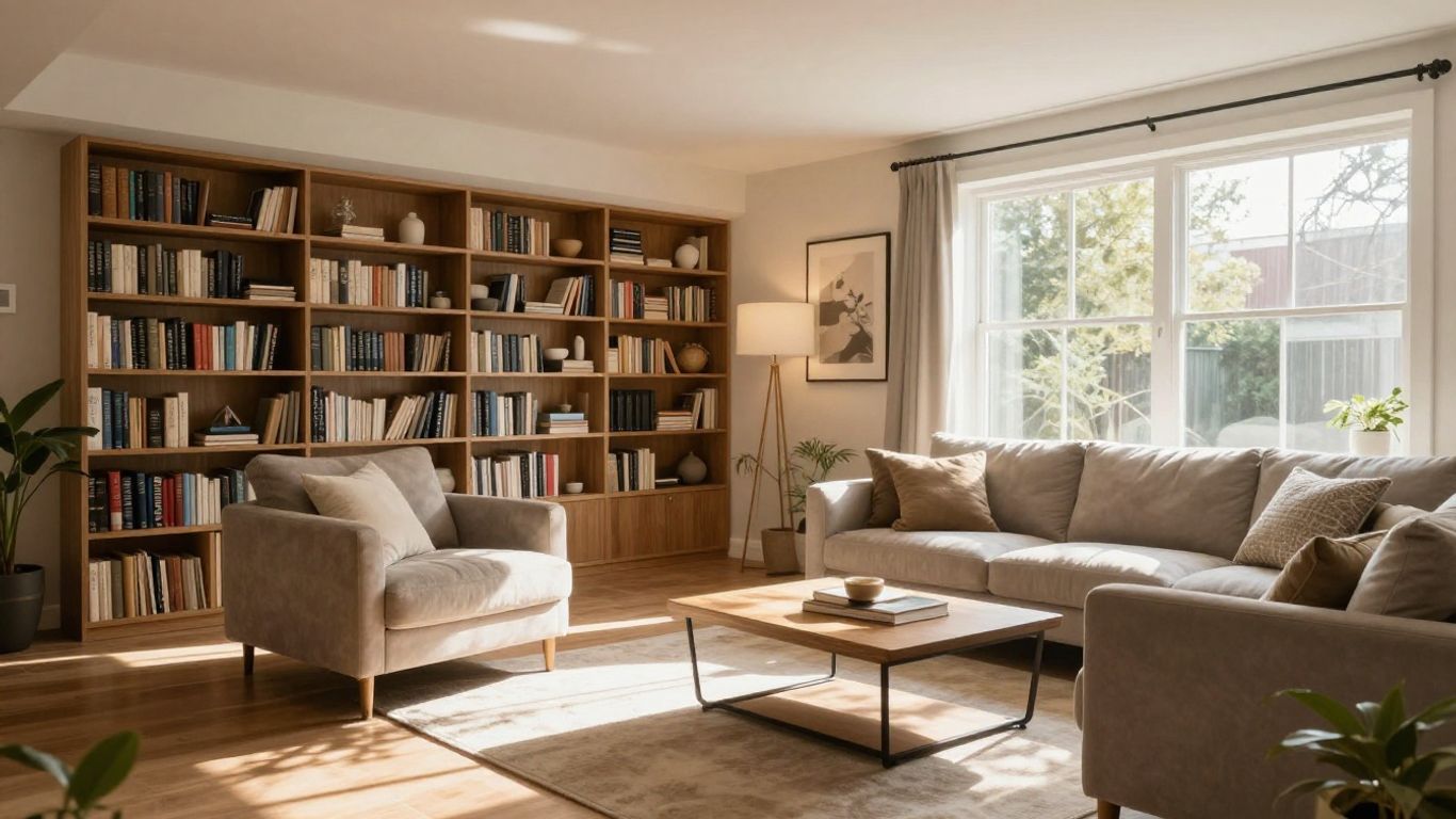 Remodeled basement living space with comfortable seating and warm lighting.