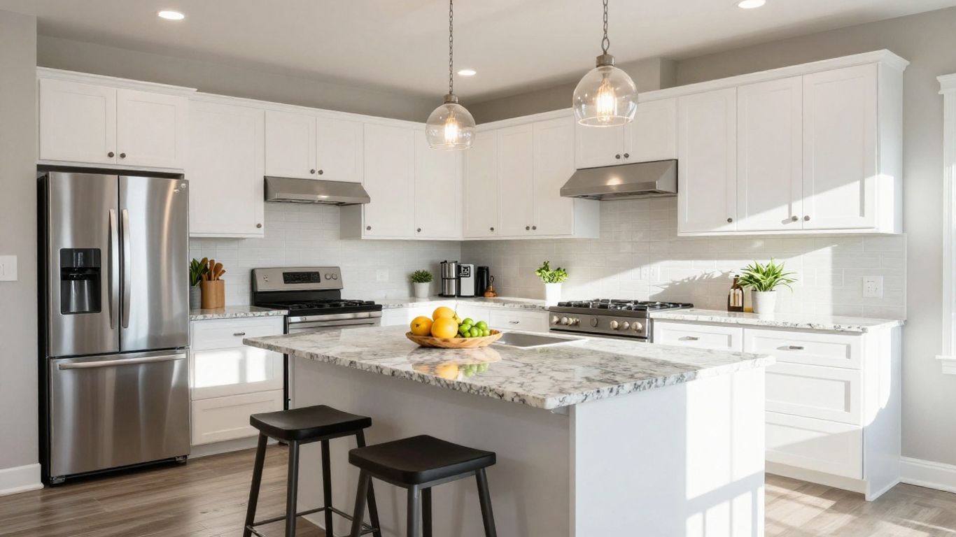 Modern kitchen remodel with white cabinets and granite countertops.