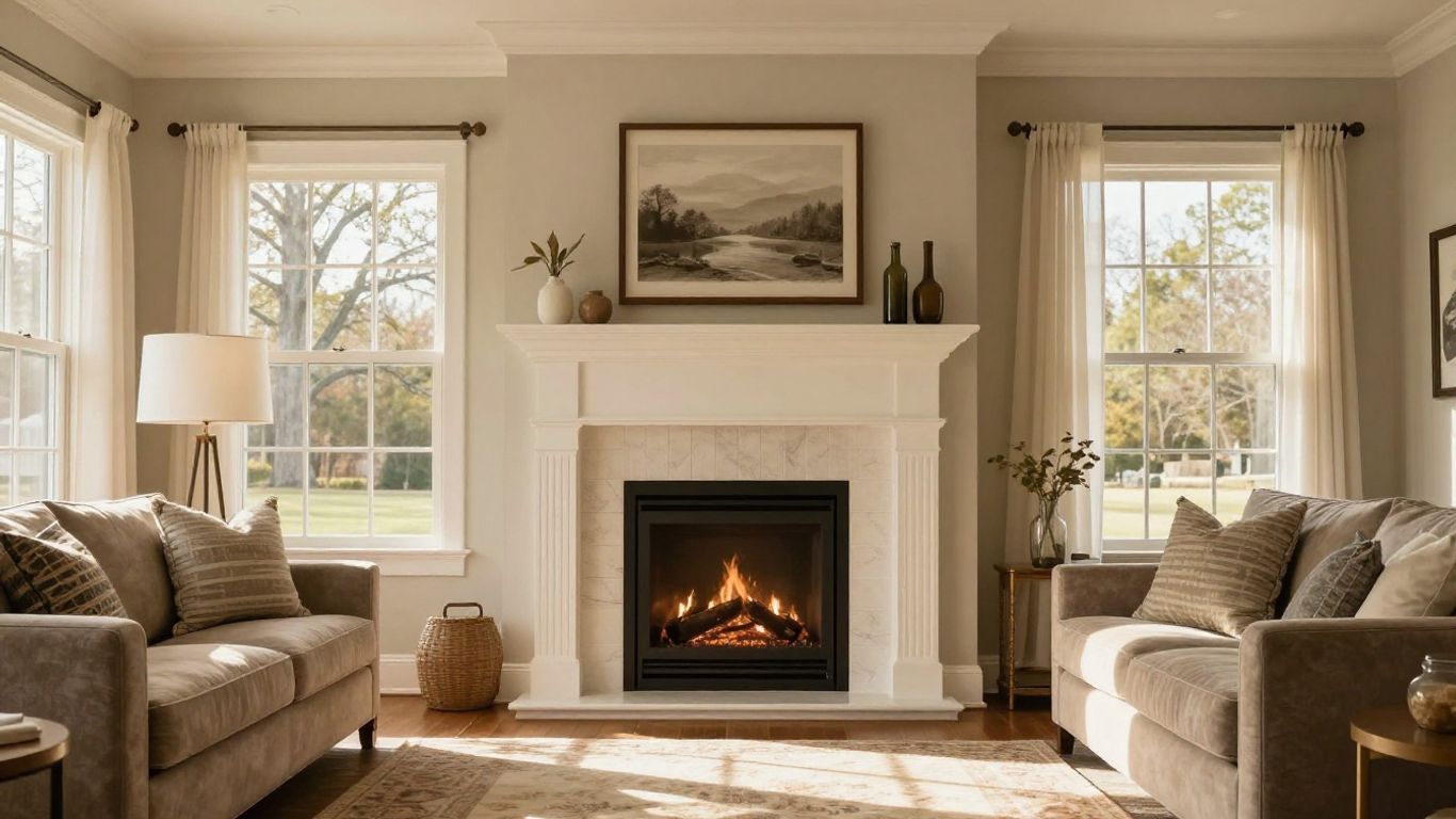 Modern living room makeover with fireplace and natural light.