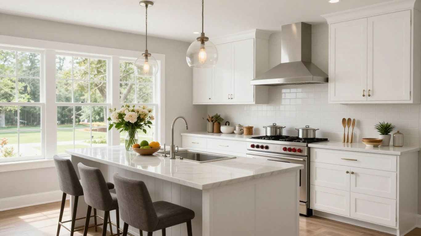 Modern kitchen makeover with white cabinets and island