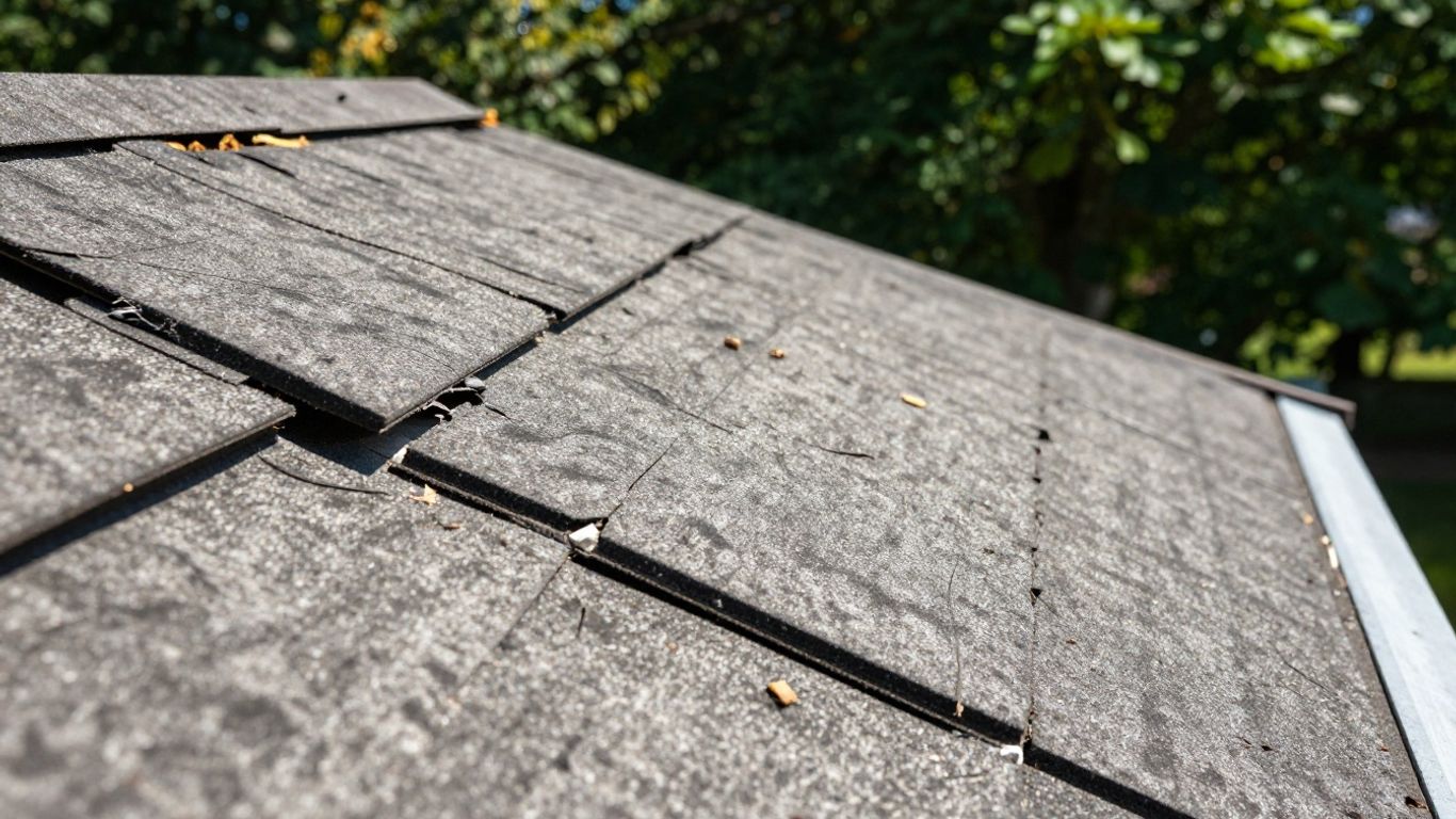 Residential roof with damaged shingles in Dacula, Georgia.