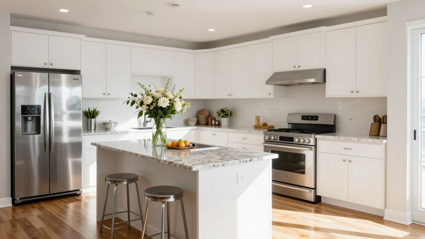 Modern kitchen renovation with island and appliances.