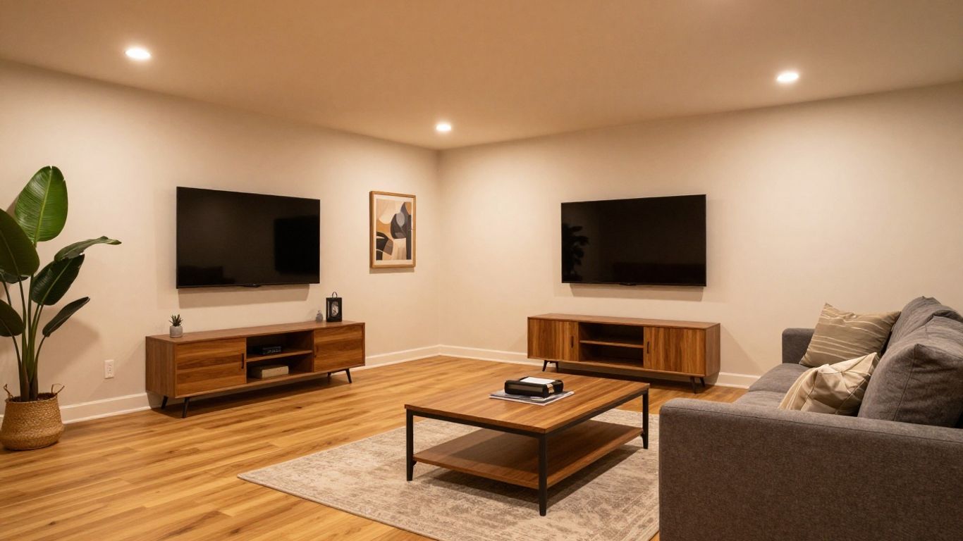 Finished basement living space with modern decor and seating.