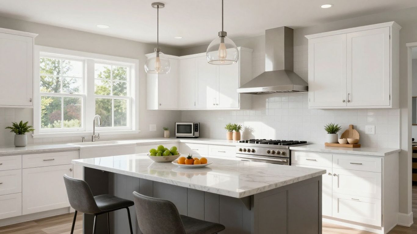 Modern kitchen remodel with island and stainless steel appliances.