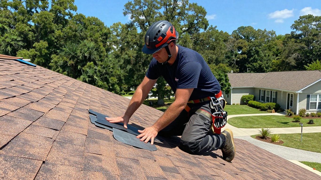 Roofer repairing suburban roof in Suwanee neighborhood