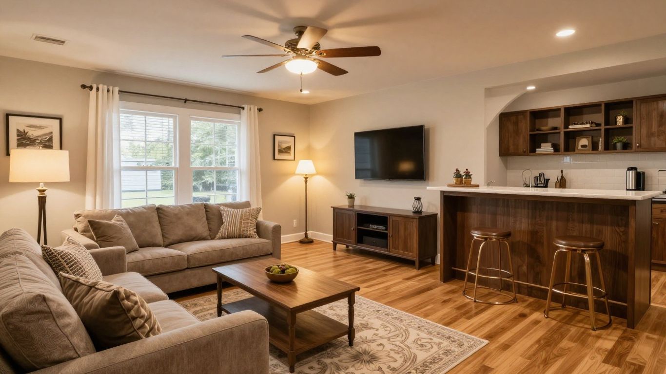 Finished basement living area with bar and entertainment center.
