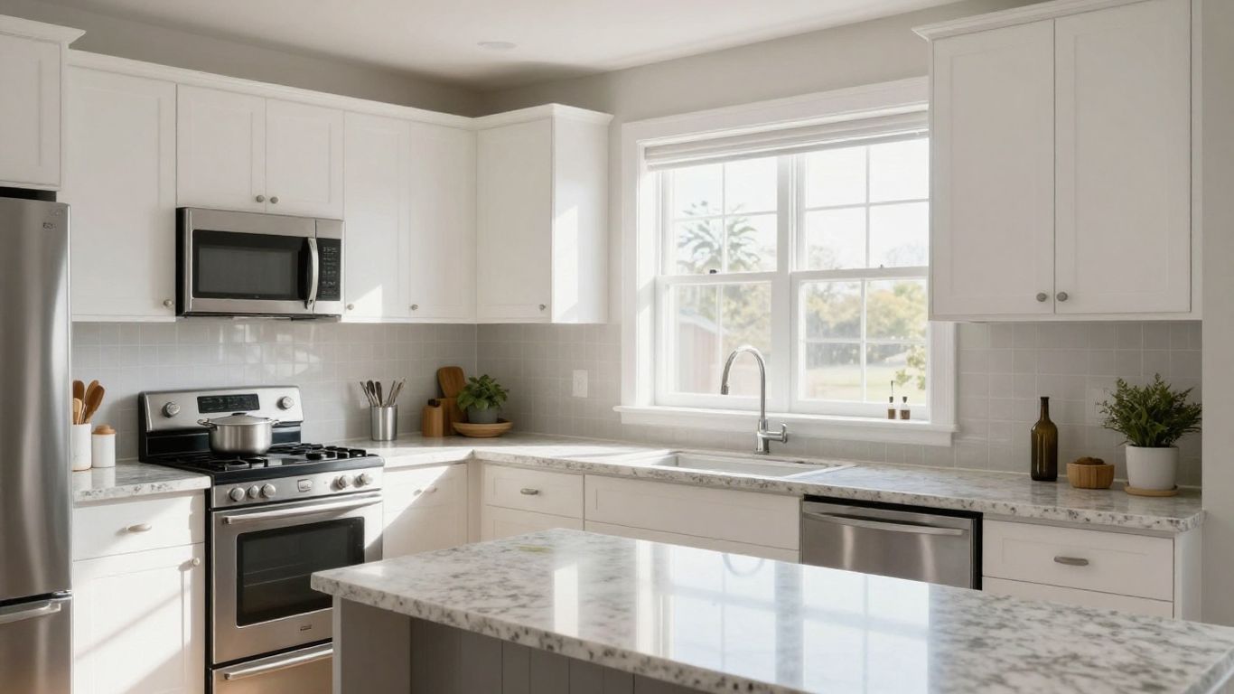 Modern kitchen remodel with granite countertops and stainless steel appliances.