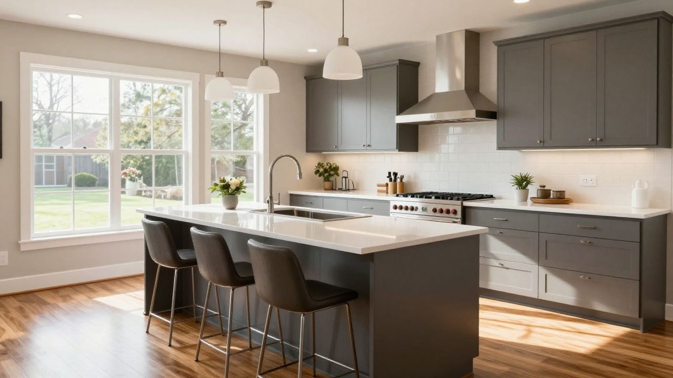Modern kitchen renovation in Dacula, Georgia with custom cabinets.