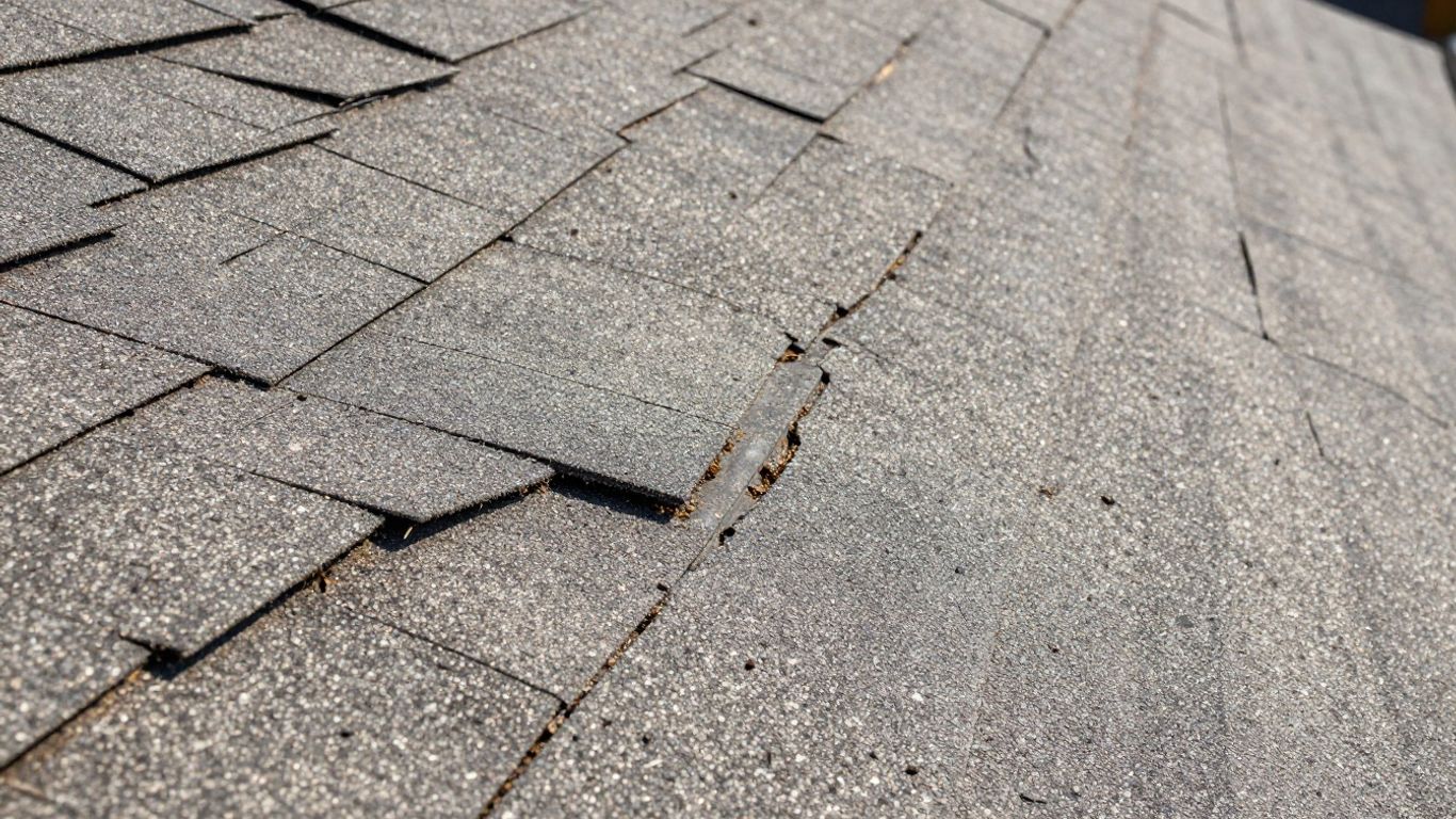 Damaged roof shingles needing repair in Dacula, Georgia.