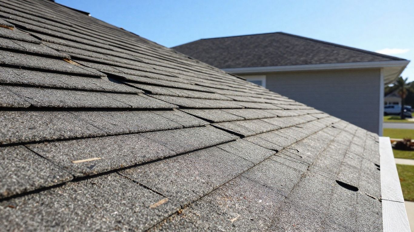 Damaged roof with missing shingles near Dacula, Georgia.