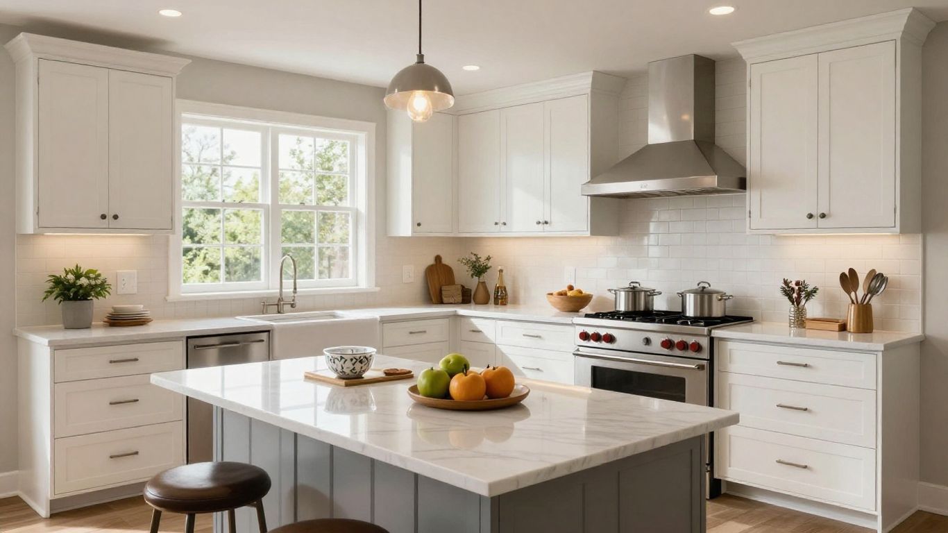 Renovated Dacula, Georgia kitchen with modern cabinets and countertops.