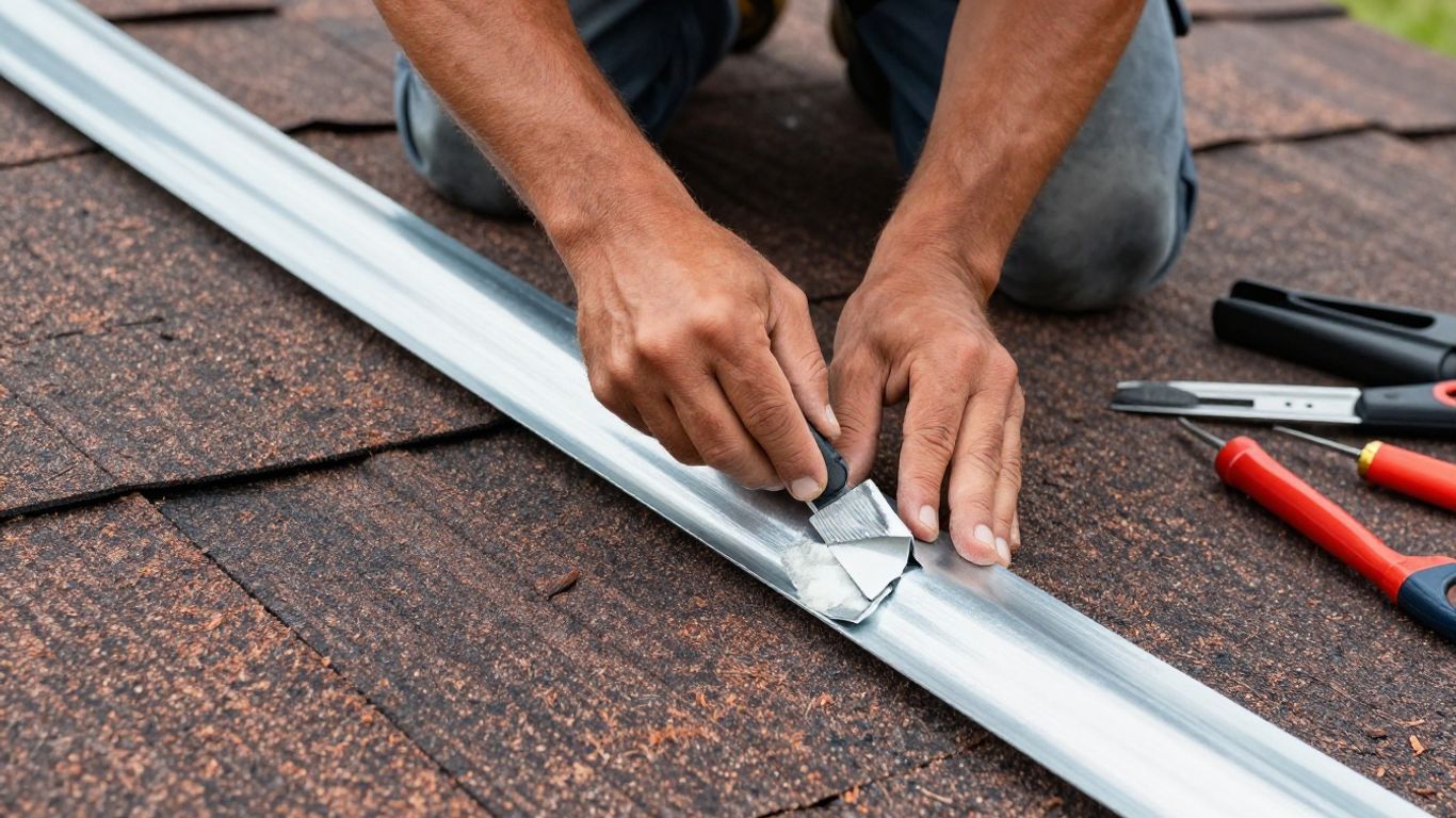 Roofer repairing roof flashing in Dacula, Georgia.