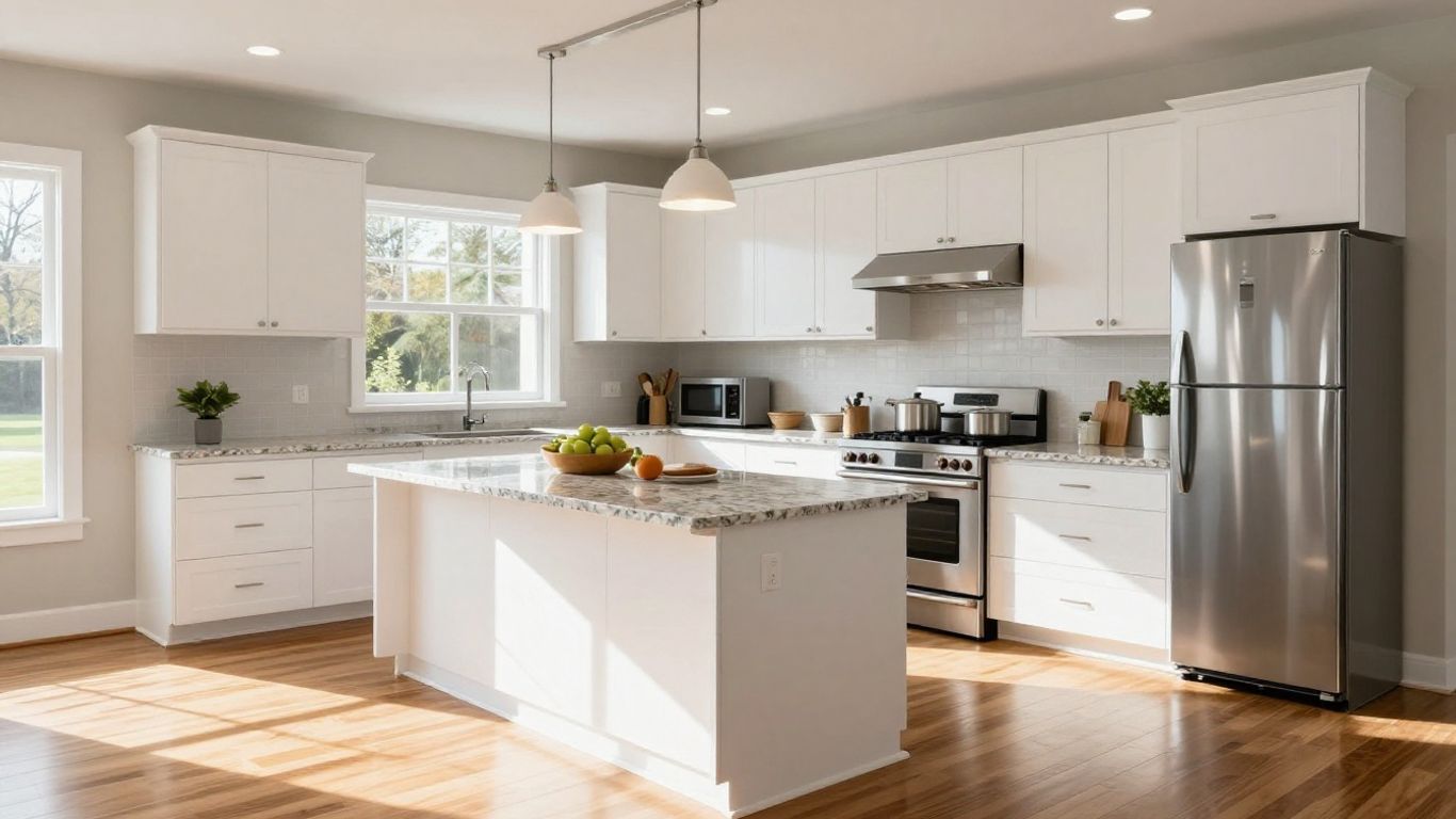 Modern Dacula, Georgia kitchen remodel with white cabinets and island.
