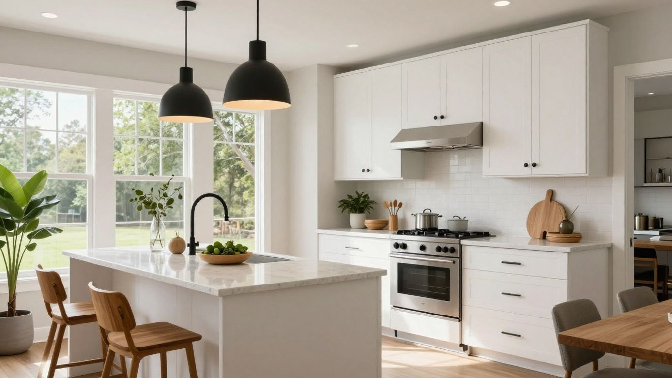 Modern Dacula kitchen with white cabinets and wood accents
