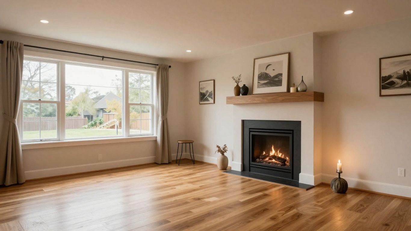 Finished basement living room with fireplace and seating.