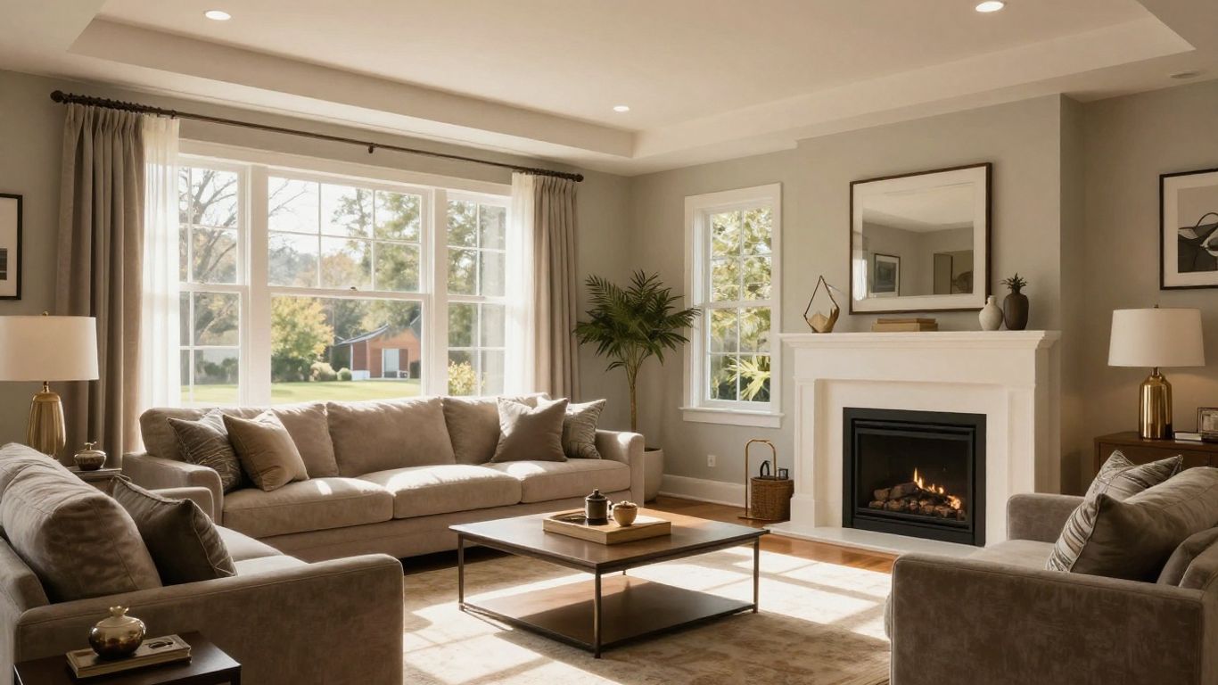 Dacula home interior renovation with modern furniture and fireplace.