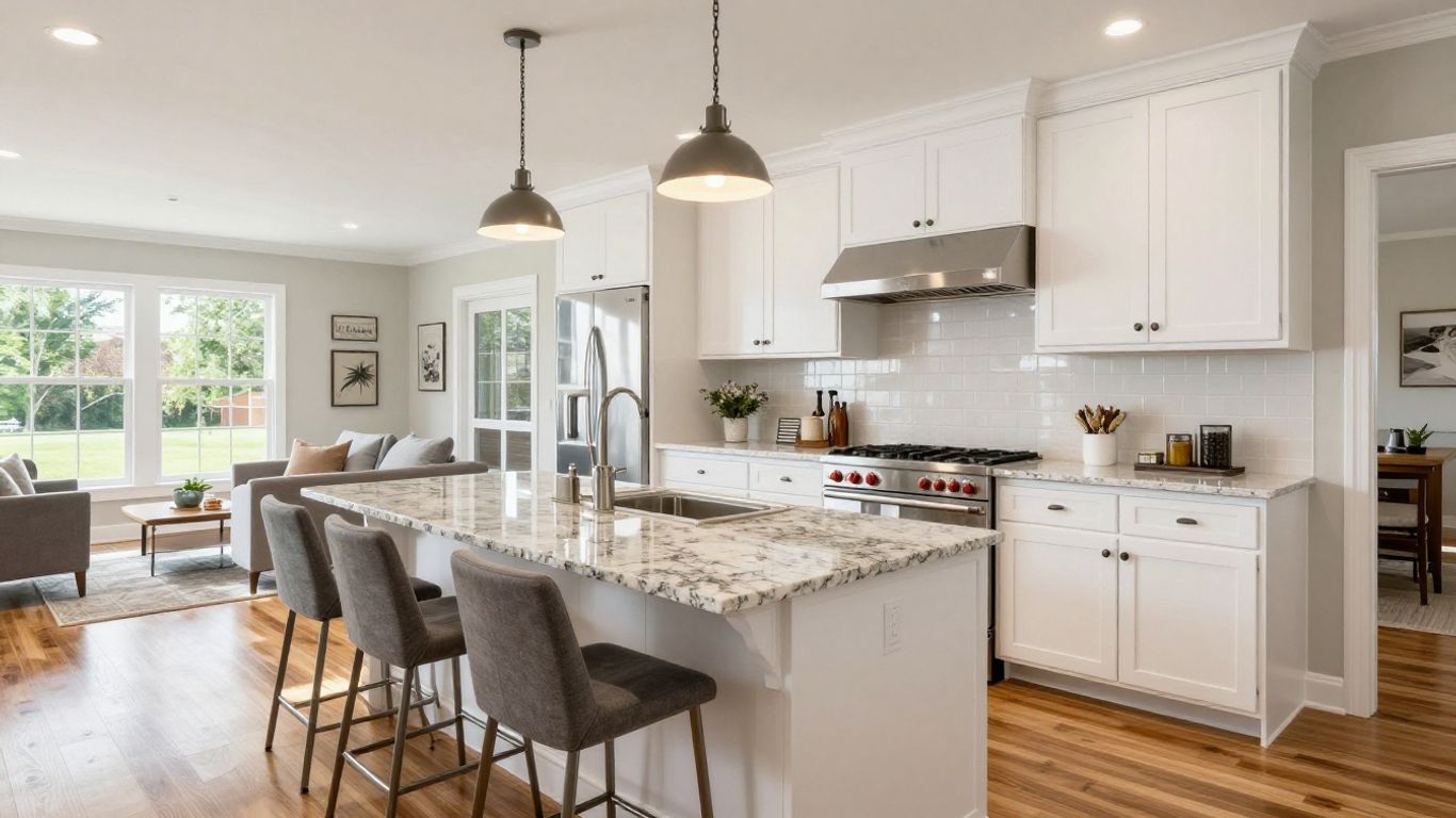 Dacula open concept kitchen remodel with island and modern cabinets.
