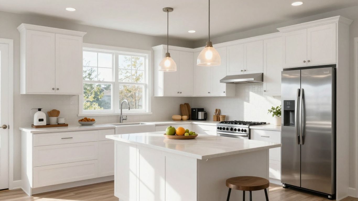 Modern Dacula kitchen remodel with white cabinets and island.