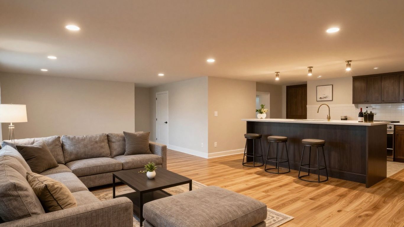 Finished basement living area with bar and entertainment center.