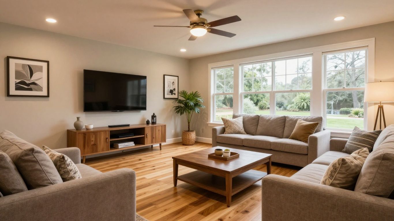Finished basement living space with modern decor and lighting.