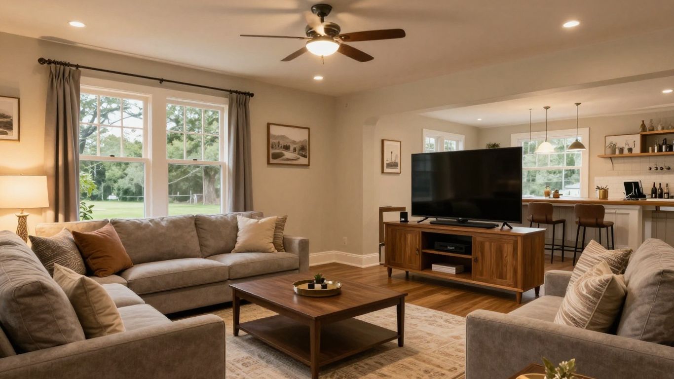 Finished basement living area with bar