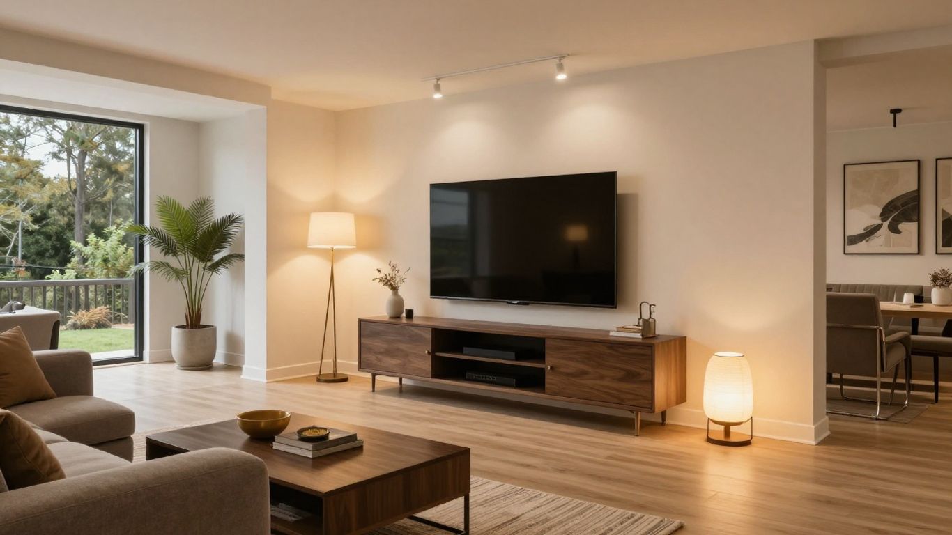 Modern basement living area with entertainment center and seating.