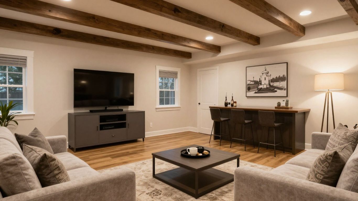Finished basement living area with bar