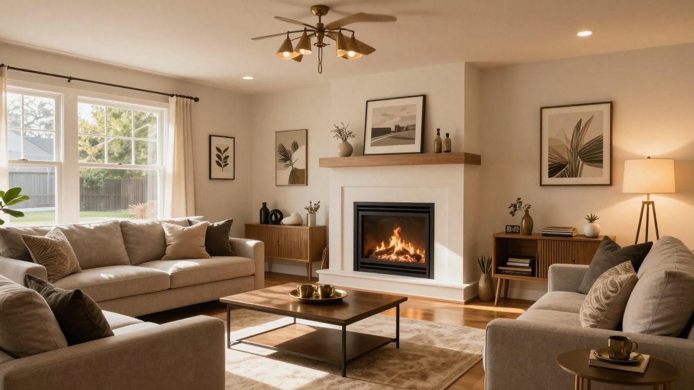 Remodeled basement living space with fireplace and modern decor.