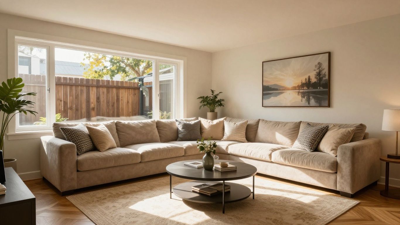 Remodeled basement living area with modern furniture and warm lighting.