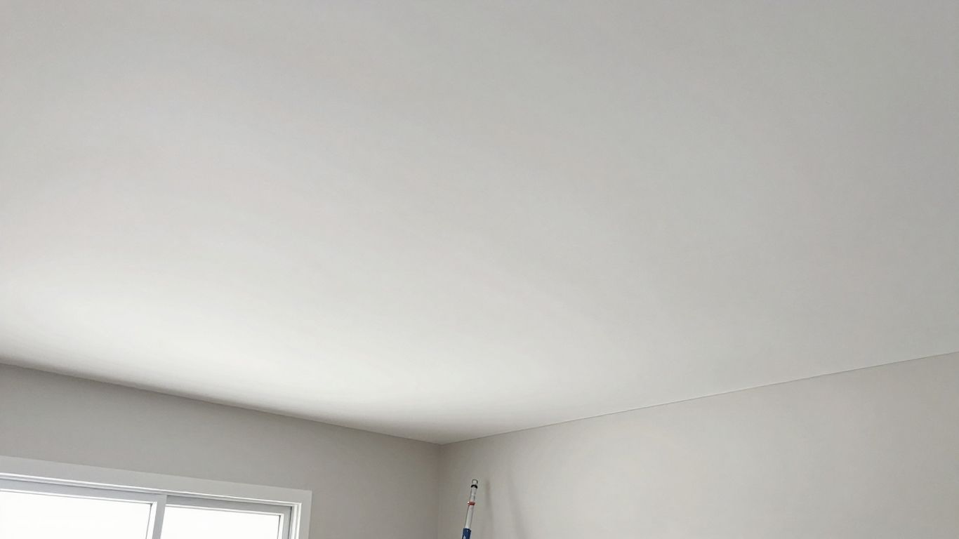 Newly installed white drywall ceiling in a basement.