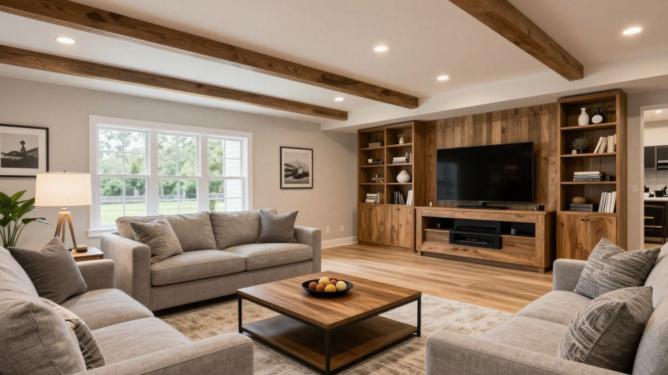 Finished basement living area in Suwanee, Georgia.