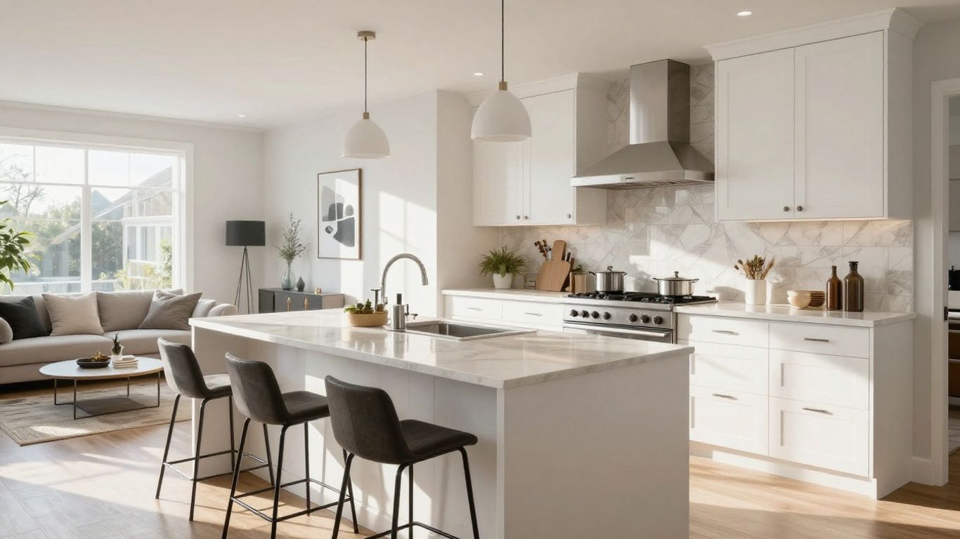 Modern kitchen and living room renovation in Suwanee, Georgia.