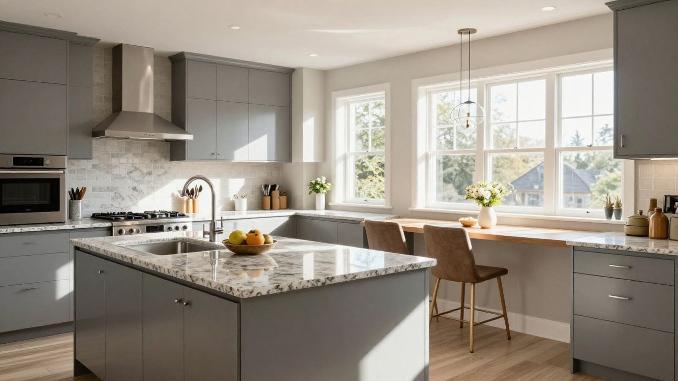 Modern renovated kitchen with granite countertops and sunlight.