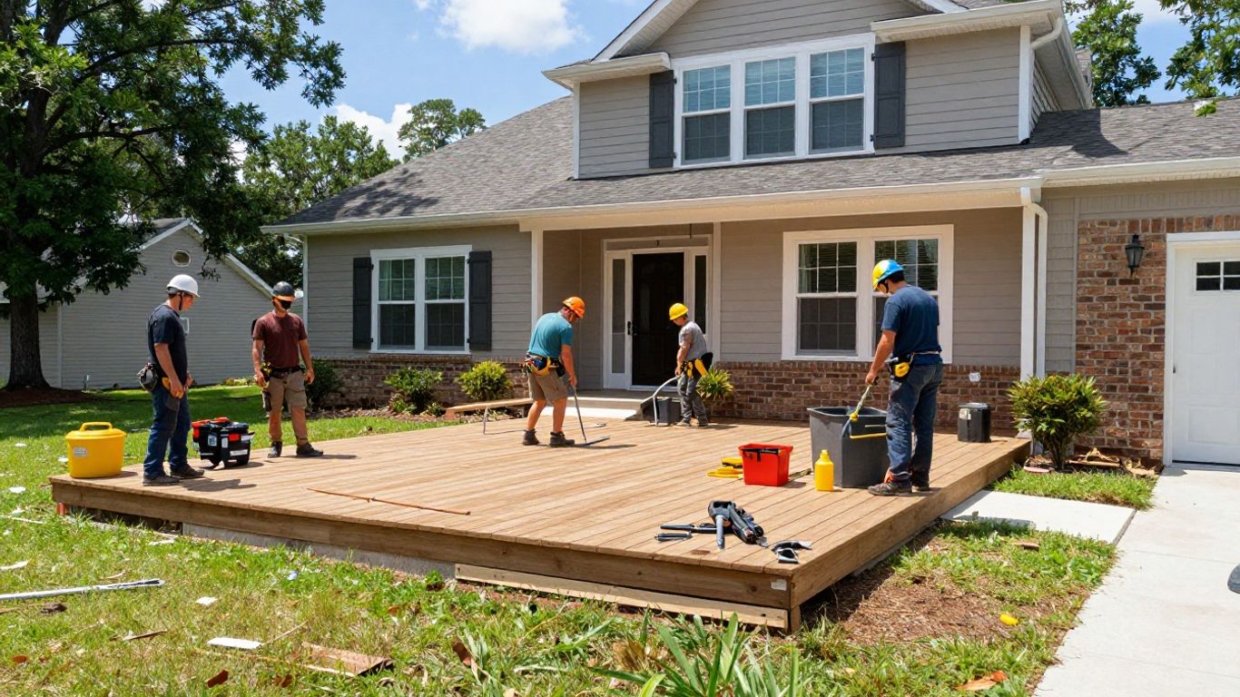 Suwanee home renovation with contractors working outside.