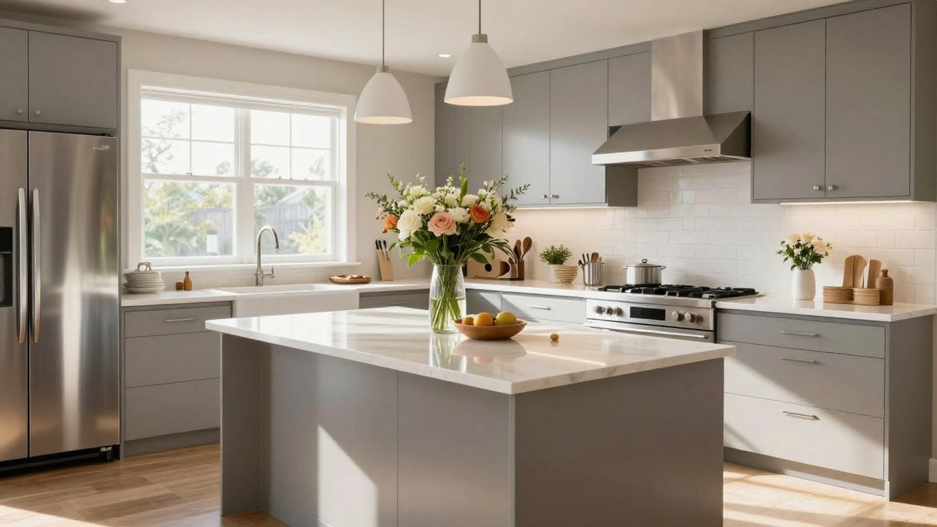 Modern renovated kitchen with island and natural light.